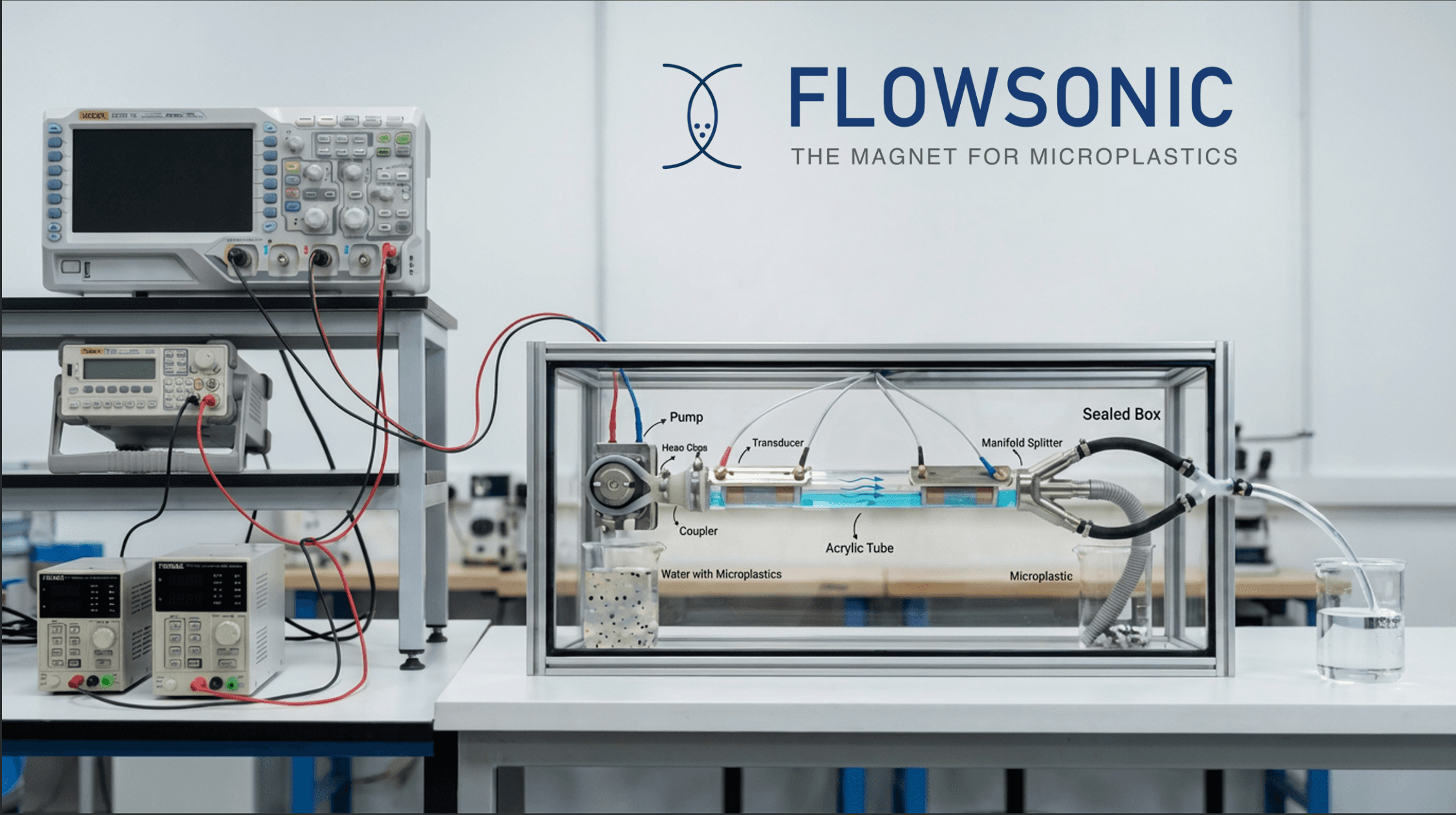 FLOWSONIC benchtop ultrasonic separation rig — flow chamber with transducers alongside signal generator, oscilloscope, and power supplies.
